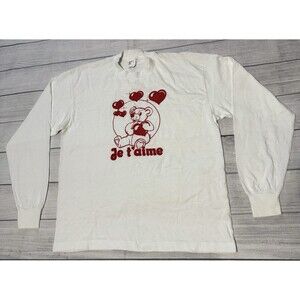 VTG 80s Je T’aime I Love You Bear Heart T Shirt Long Sleeve Size XL Cottagecore